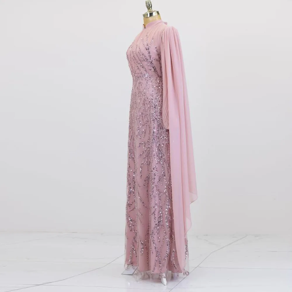 Customized Pink Muslim Evening Dresses Beaded Sequin Formal Gown with Sleeve A Line Chiffon Floor Length Wedding Guest Outfit