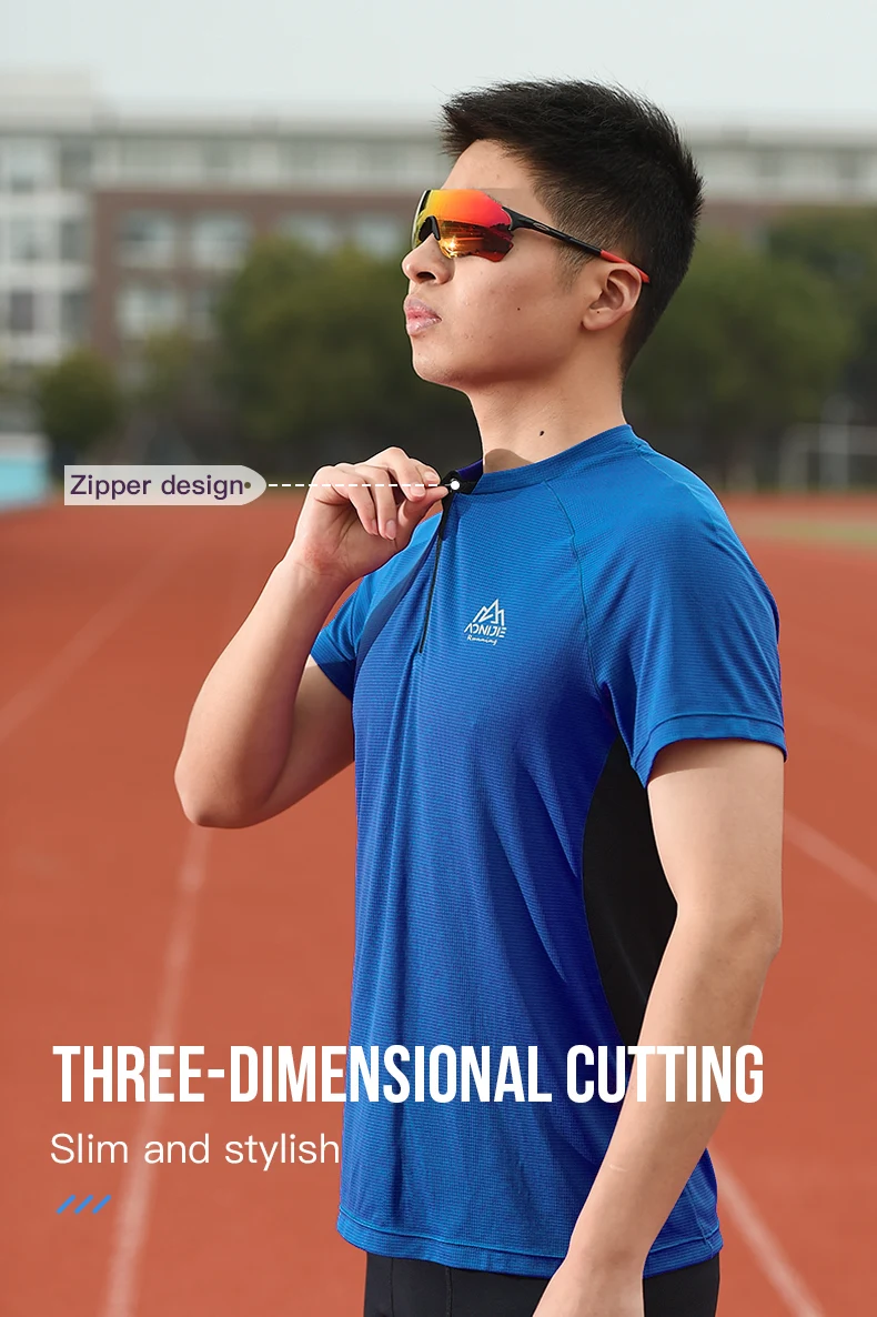 Aonijie fm5158 Mann männlich Sport schnell trocknendes T-Shirt mit Rundhals ausschnitt Reiß verschluss kurze Ärmel atmungsaktive Tops für Fitness-Radfahren – Detail 5