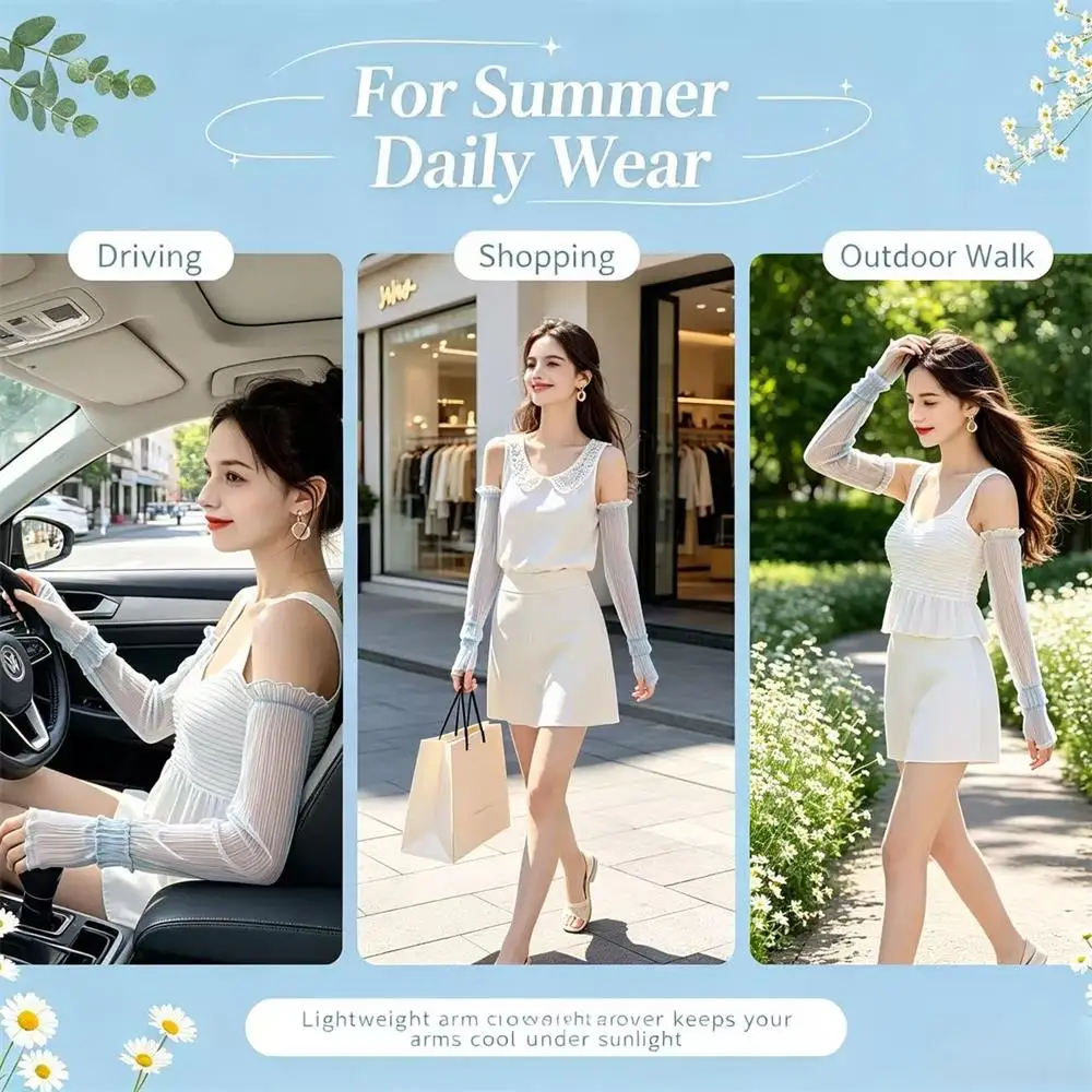 Ruffled Sheer Mesh Sun Protection Arm Sleeves,Elastic Breathable Cooling Lace Sleeve Covers For Driving Cycling Outdoor Sports,
