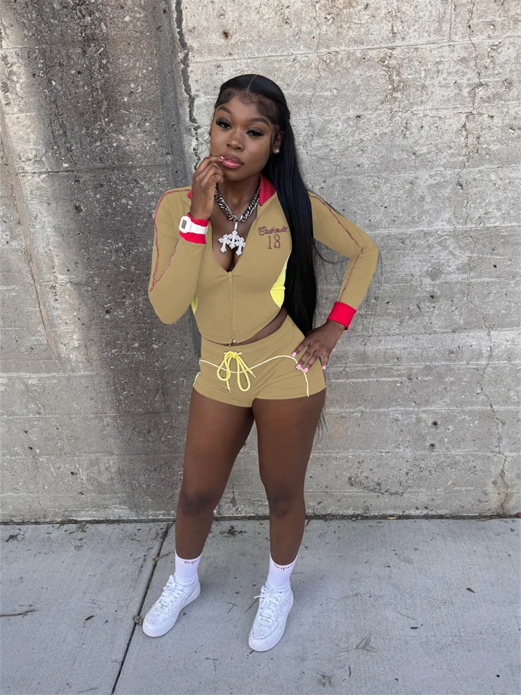 Weird Puss Lässiger Trainingsanzug 2-teiliges Set Damen Patchwork Reißverschluss Briefdruck Jacke + Kordelzug Shorts Passendes einfaches sportliches Outfit