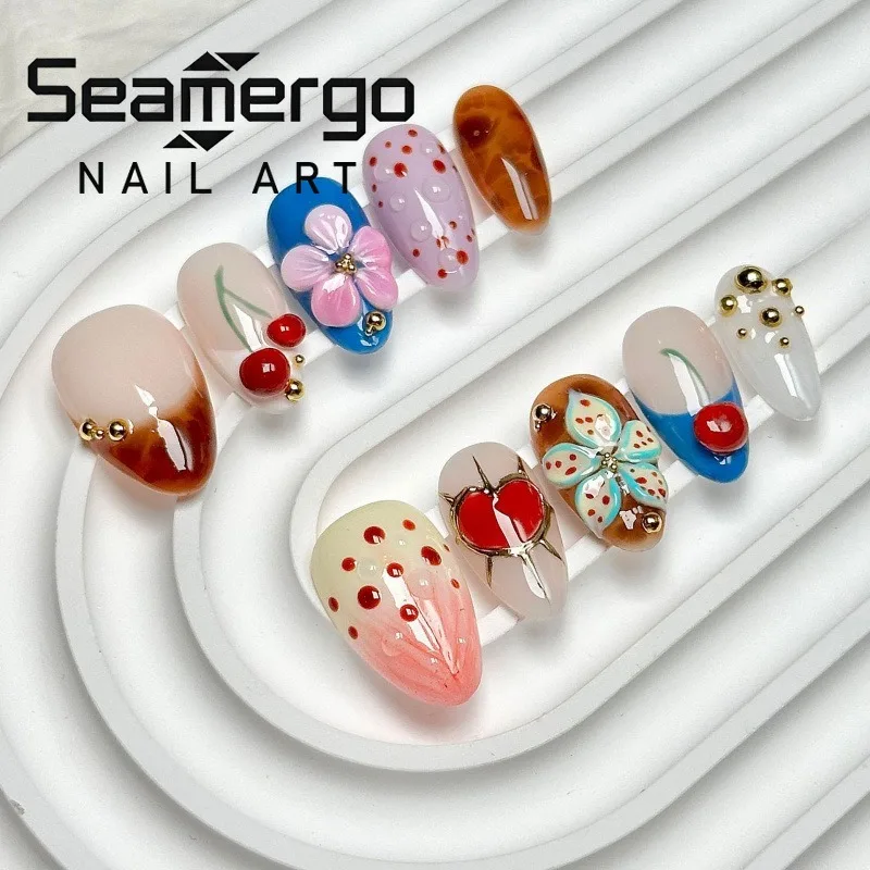 

24PCS Colorful 3D Cherry Flowers Almond False Nails with Glue Leopard Print French Press on Nails Full Cover Golden Heart Nails