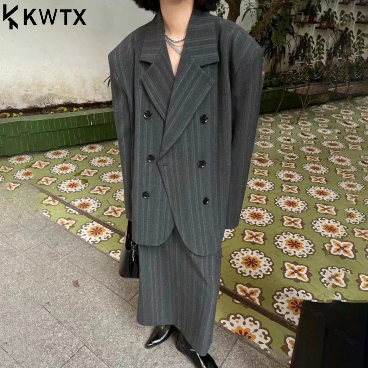 

KWTX Women’s Striped Double Breasted Blazer Skirt Set,Elegant High Quality Suit,Designer Draping Soft Office Wear Fashion Outfit