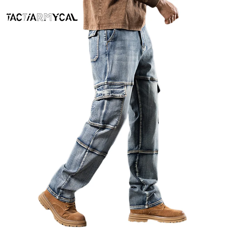 

Мужские джинсы-карго с множеством карманов, прямые джинсовые брюки для работы, новые модели весна-осень, свободные брюки для активного отдыха и езды на велосипеде