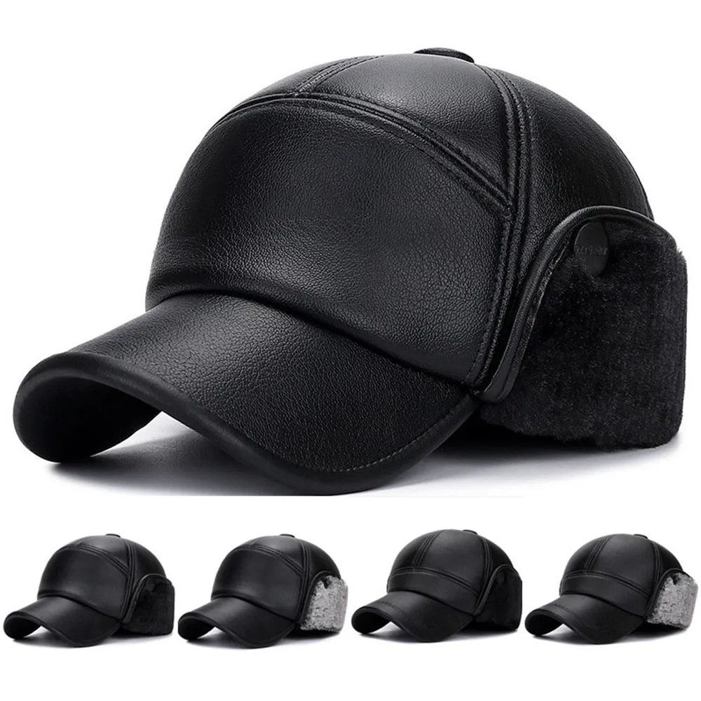 Thicken Warm Snap Back Hat For Men Fur Plus Velvet Cap Dad Cap Middle-aged And Elderly Ear Protect Hat Earflaps Hat For Winter