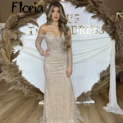 Sparkling Light Champagne Strapless Off Shoulder Party Dress Long Mermaid Wedding Guest Gnows Beading Formal Night Dinner Dress