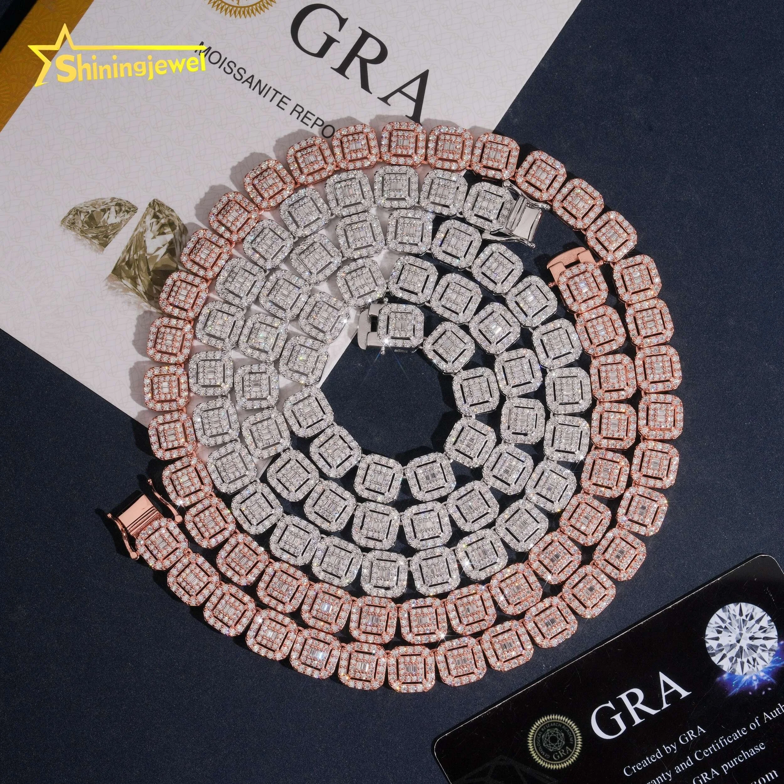 Fine Sale Hot Jewelry 925 Silver Fashion Moissanite Iced Out Rose Gold 10mm Cluster Tennis Chain Necklace..