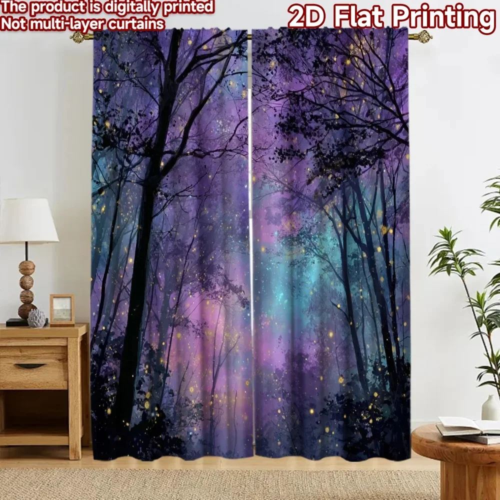 2pcs Curtains Pair Purple Forest Night Sky Starry Nebula Print Decorative Curtain Panels for Bedroom Living Room Window Drapes