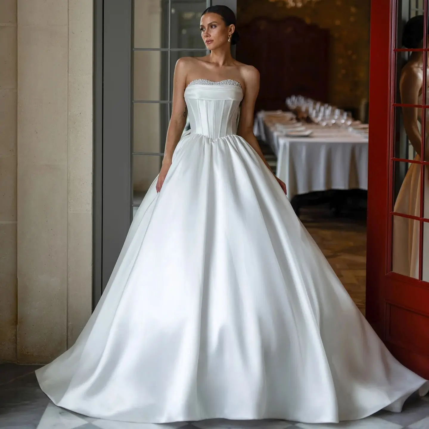 

Vintage Satin Wedding Dress Women Strapless Beaded Formal Prom Gown Customized Corset Robe de Mariage