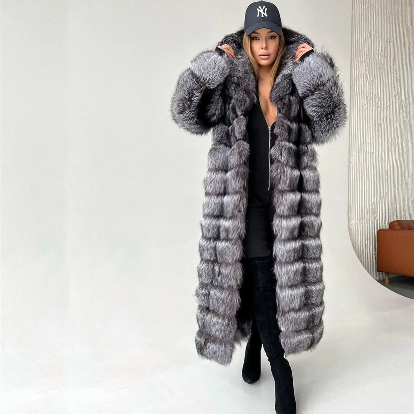 130cm New Women Real Silver Fox Fur Coats Hood Long Overcoats Luxury Winter Thick Warm Natural Genuine Fox Fur Jackets Outwear