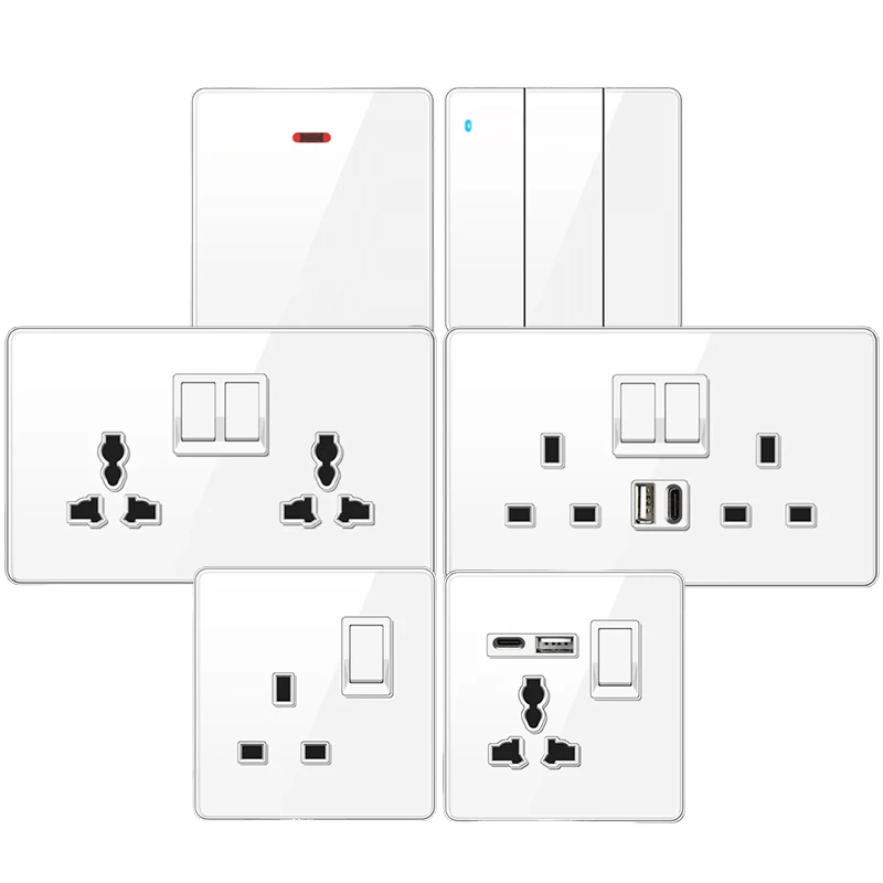 Ultra-thin White High Quality Glass Lighting Wall Switch, UK Wall 18W Type-C Fast Charge Usb Socket, Power 1/2/3/4Gang 1Way220V