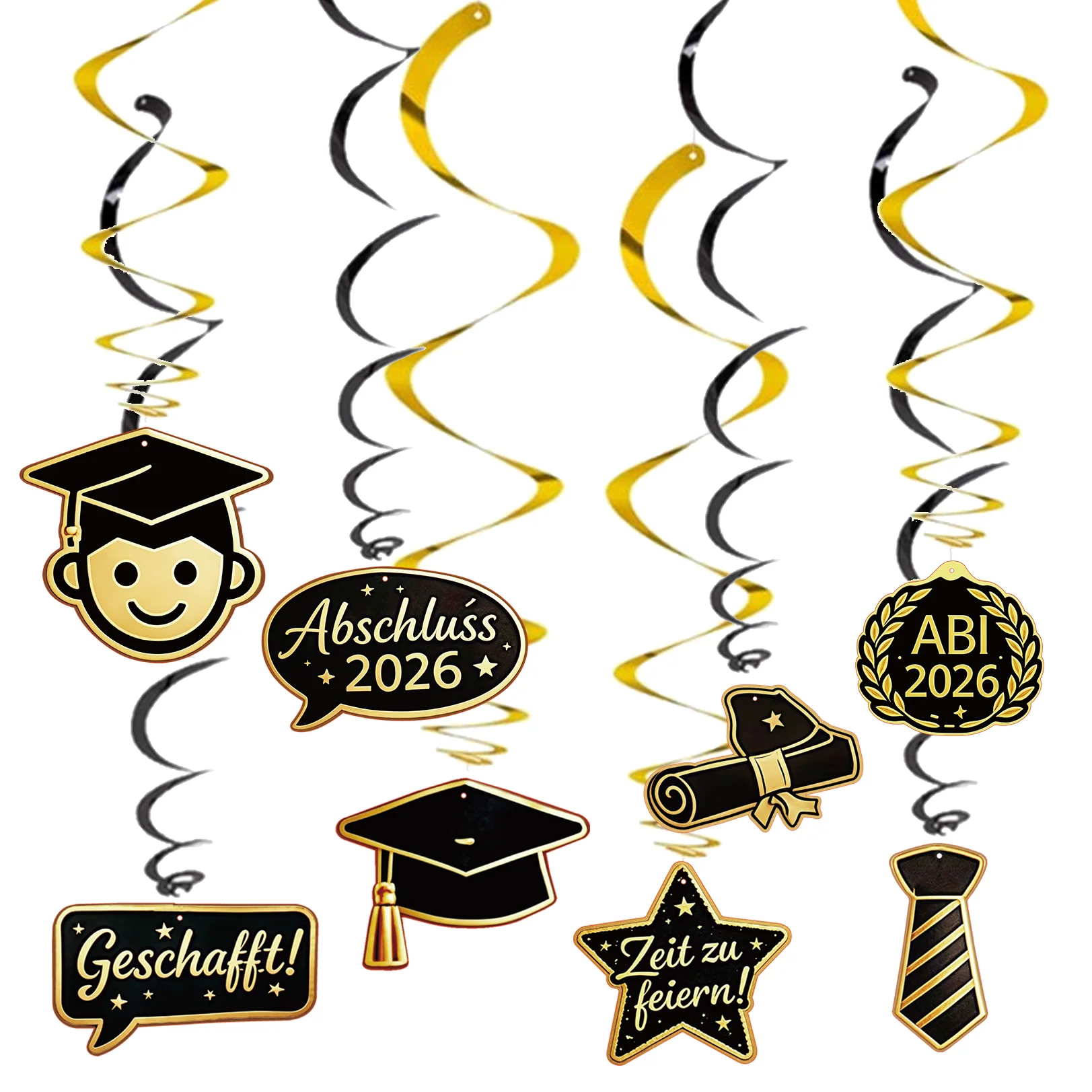 Decoraciones Espirales para Graduación ABI 2026 - Espirales Colgantes Negras y Doradas con Birretes de Graduación, Diplomas y la Frase '¡Terminado!' Slogan - Juego de 8 piezas S