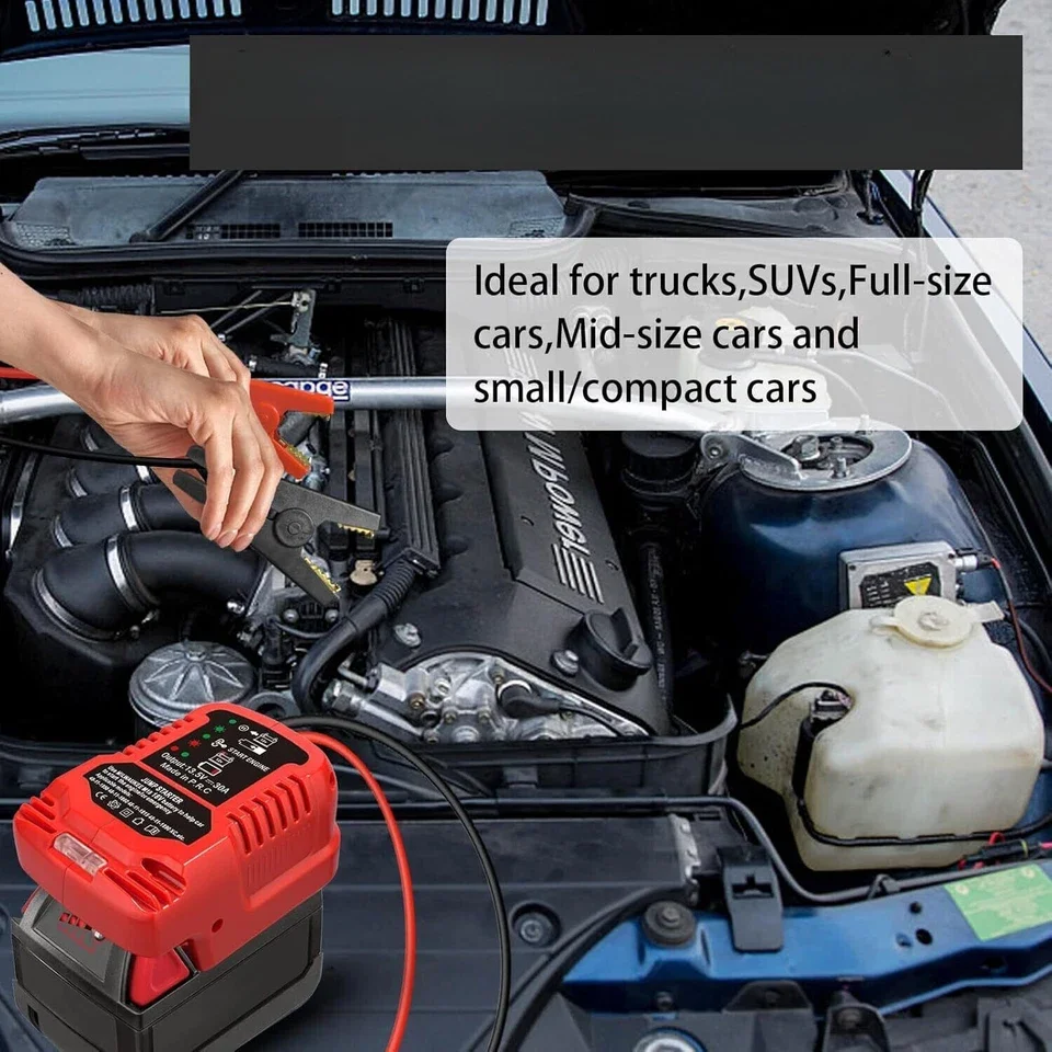 Car Jump Starter Adapter For Makita/Dewalt/Milwaukee 18V Li-ion Battery Powered with Jumper Cables&Clamps