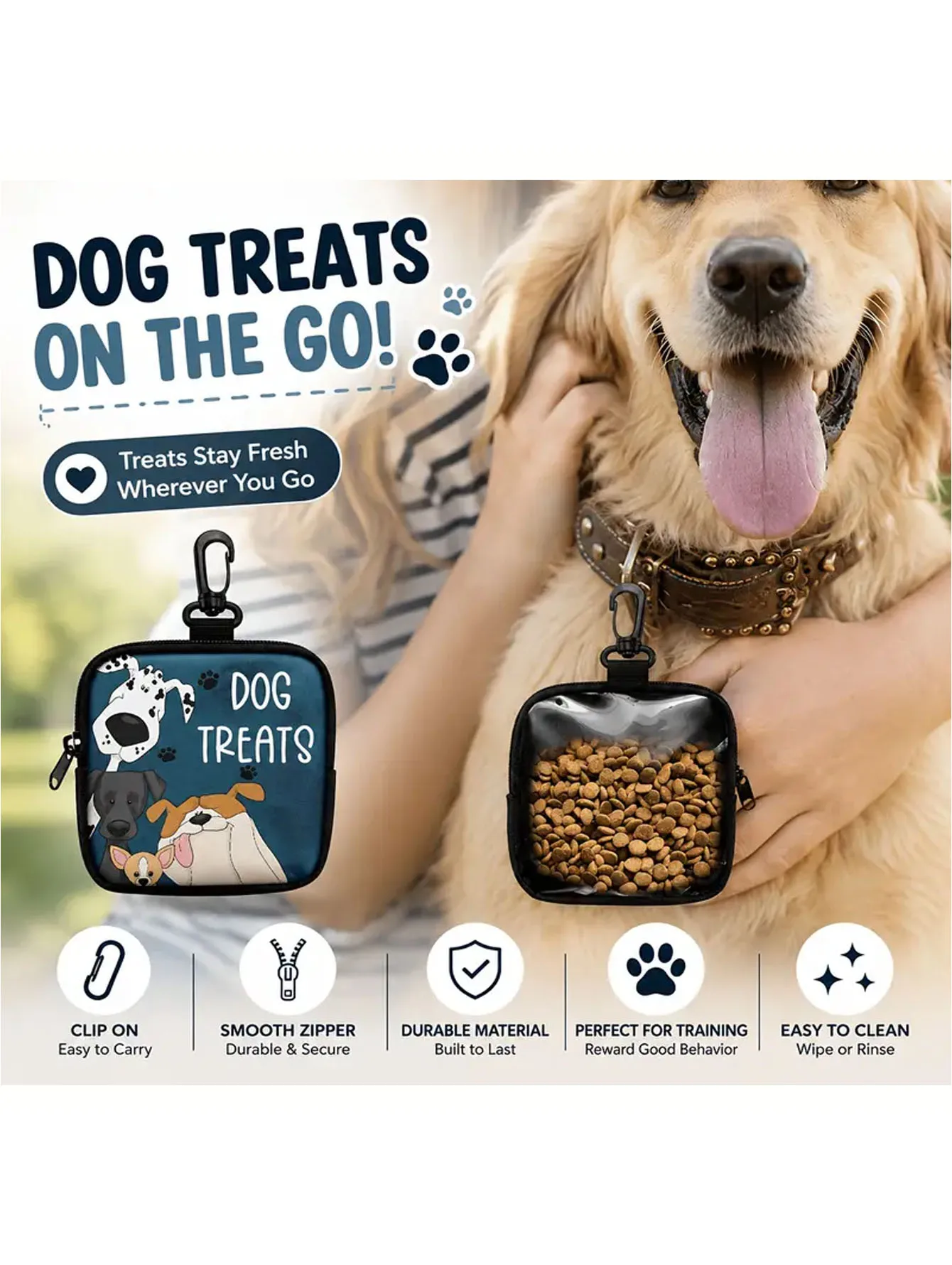 Portable dog snack bag, transparent zipper clip type training snack bag, suitable for outdoor dog and cat supplies