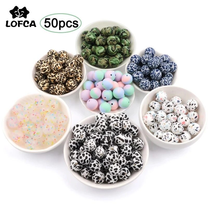 

LOFCA 50pcs Leopard print 12/15/19mm Silicone Beads Baby Teether Teathing Beads Tie-dye DIY Chewable Colorful Teething