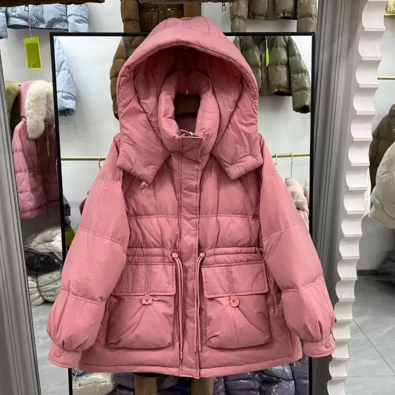 Chaqueta corta con capucha y cordón grueso para mujer, abrigo de plumón de pato blanco con bolsillos y cremallera, chaqueta a prueba de viento, ropa de invierno, chaqueta cálida