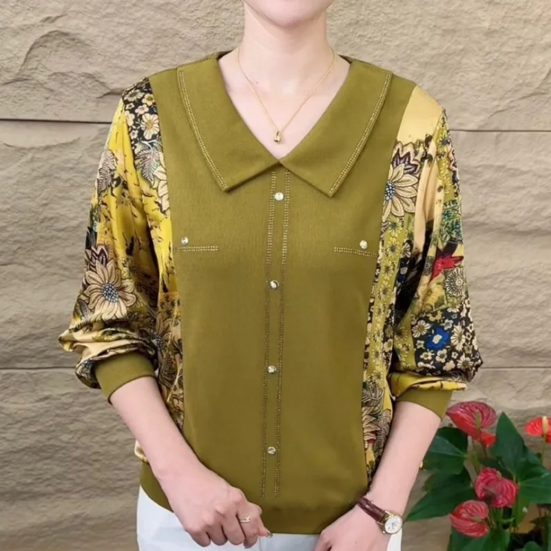 Mom Outfit Autumn Fashion New Lapel Chiffon Blouse Printing Splicing Loose Large Size Appears Thin Versatile Long Sleeves Tops