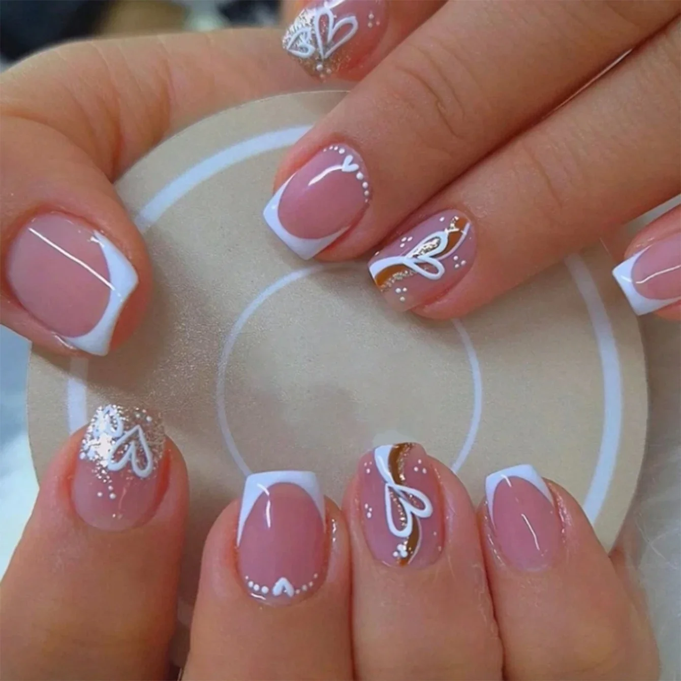 24PCS nude pink short square fake nails, Gold lines, love design, full cover fake nail set, 1 nail file and 1 nail glue sticker