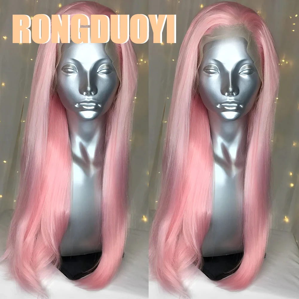 RONGDUOYI Long Straight Light Pink Hair Synthetic Wig Natural Hairline Pink Straight Lace Front Wigs Women Cosplay Makeup Wear