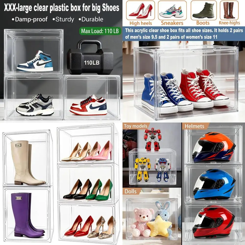 

Extra Large Clear Acrylic Shoe Storage Boxes with Magnetic Lid, 3-Pack Tall Boot Organizers, Stackable Helmet Display Cases, Inc