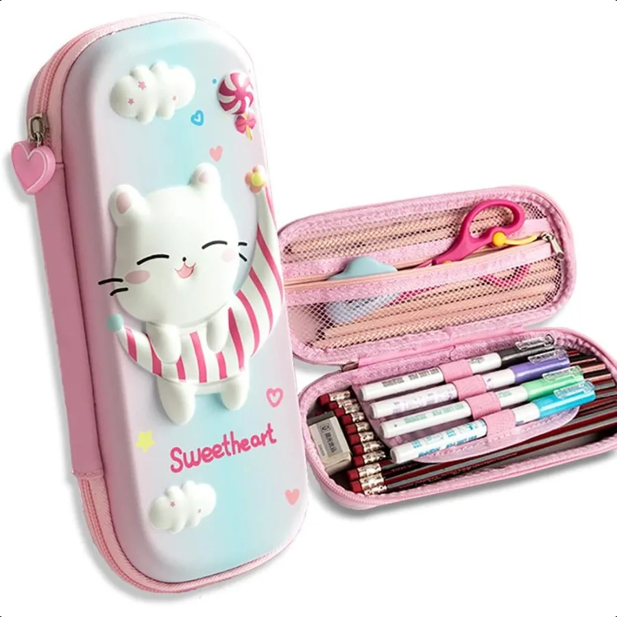 女の子用ペンケース 3D EVA 猫漫画収納ポーチ ペンホルダー 学校用 大容量収納ボックス 学生ギフト文房具