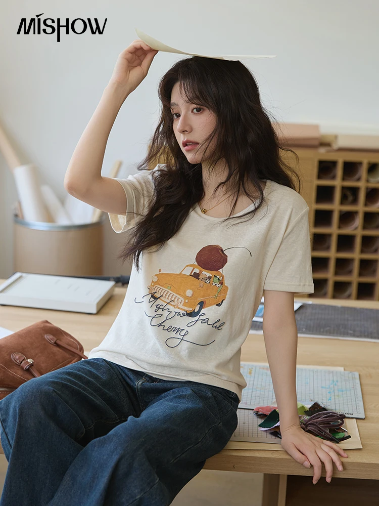 MISHOW Apricot Retro พิมพ์เสื้อยืดผู้หญิง 2025 ฤดูร้อน V คอรถยนต์เชอร์รี่พิมพ์ TOP Casaul รอบคอ Tees MXE41T0691