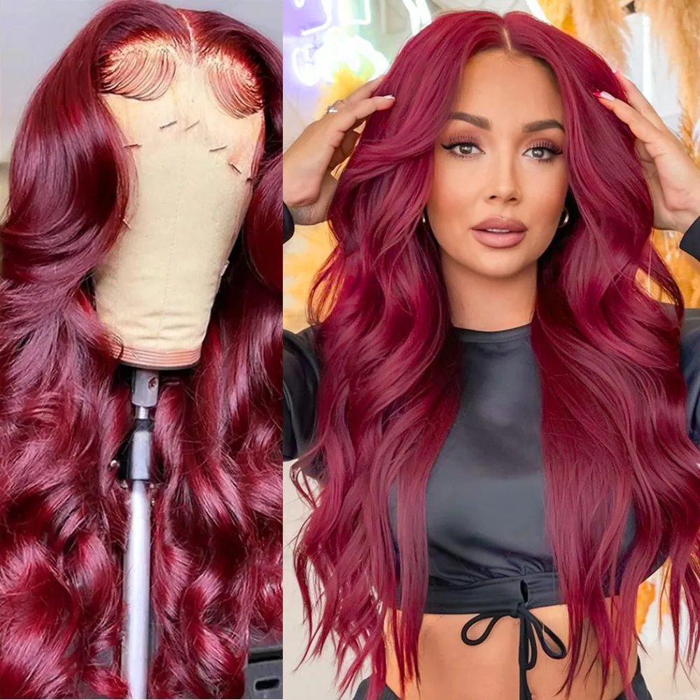 Wig Rambut Asli 99j Burgundy 13x6 Lace Front 100% Human Hair 200 Density Body Wave 30 36 Inch Merah untuk Wanita, Brazilian