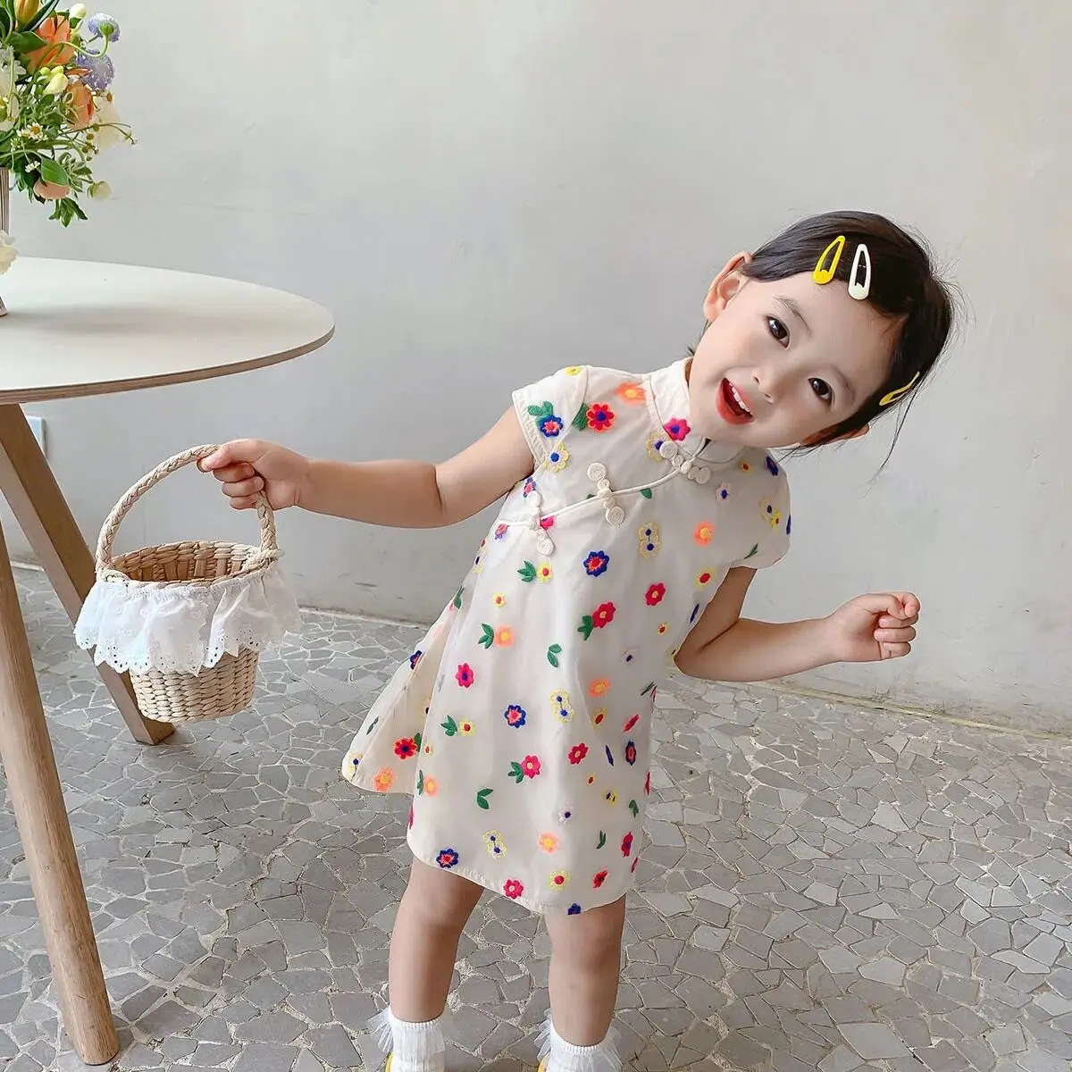 Children\'s Floral Dress Cheongsam Summer Girl\'s Clothing Chinese Style Hanfu Girl\'s Baby Dress Retro Tang Suit