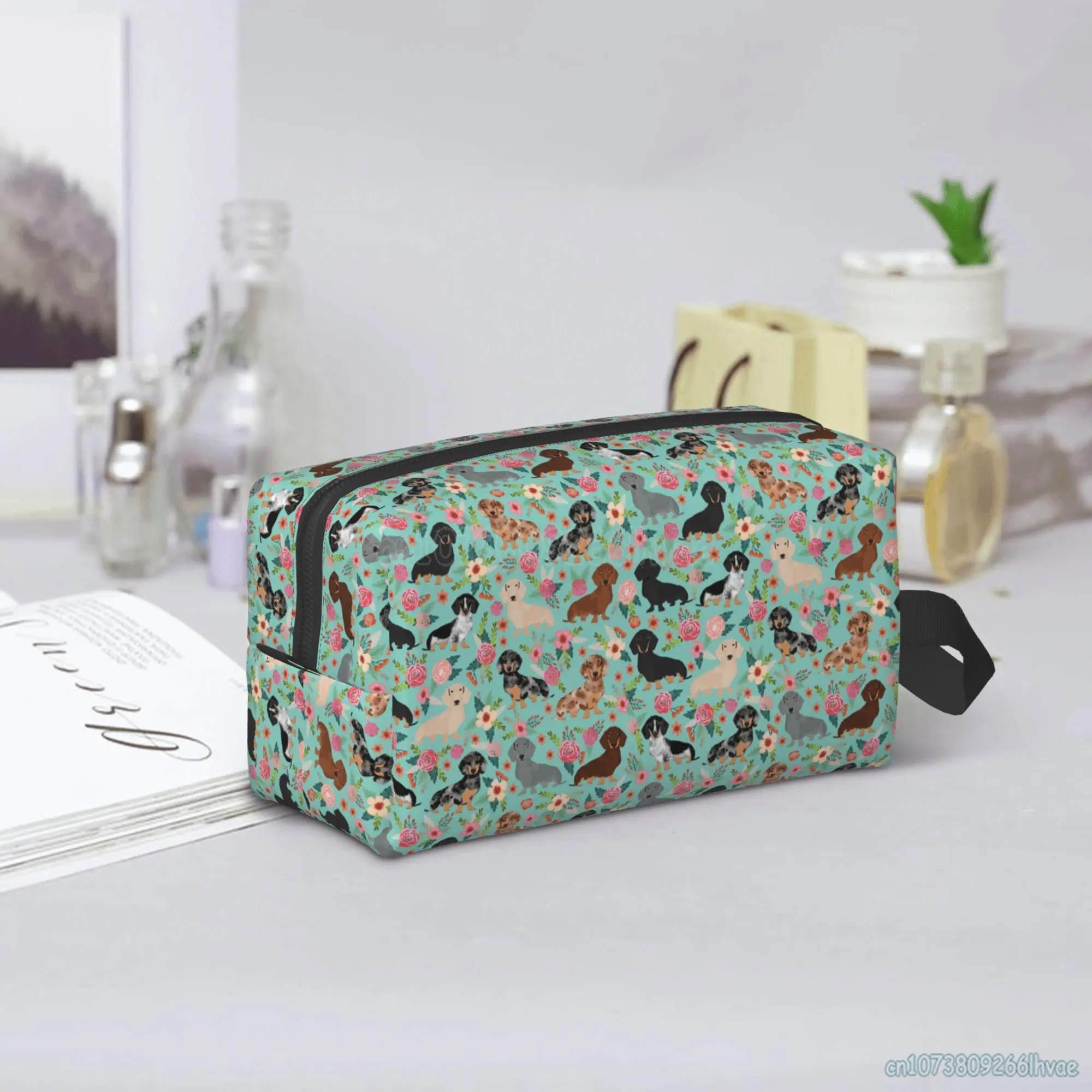 Bolsa de cosméticos Floral Dachshunds para mujer, bolsa de maquillaje grande, organizador de accesorios de aseo impermeable para mujeres y niñas