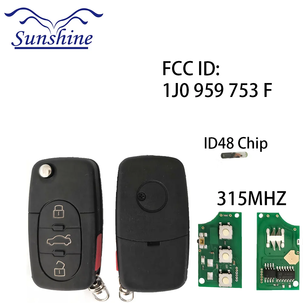 

Sunshine 4BT Remote Key for V-W/VolksWagen 1J0 959 753 F 315MHZ ID48 Chip Compatible with Beetle Golf Passat Jetta Rabbit HU66 B