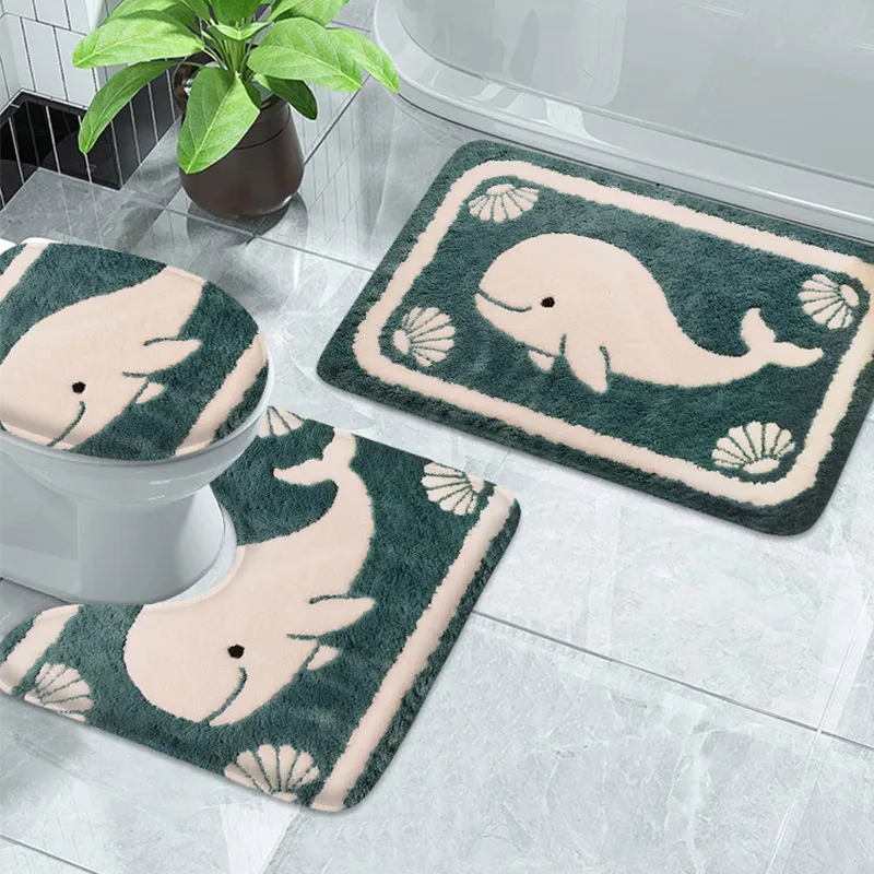 

3PCS dolphin shark pattern bathroom carpet flannel non slip foot mat absorbent floor mat suitable for home decoration