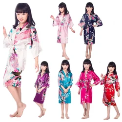 Girl Satin Floral Kimono Robe Kids Flower Girl Peacock Bath Robes for Wedding Spa Party Gifts Bridal Lingerie Sleepwear Bathrobe