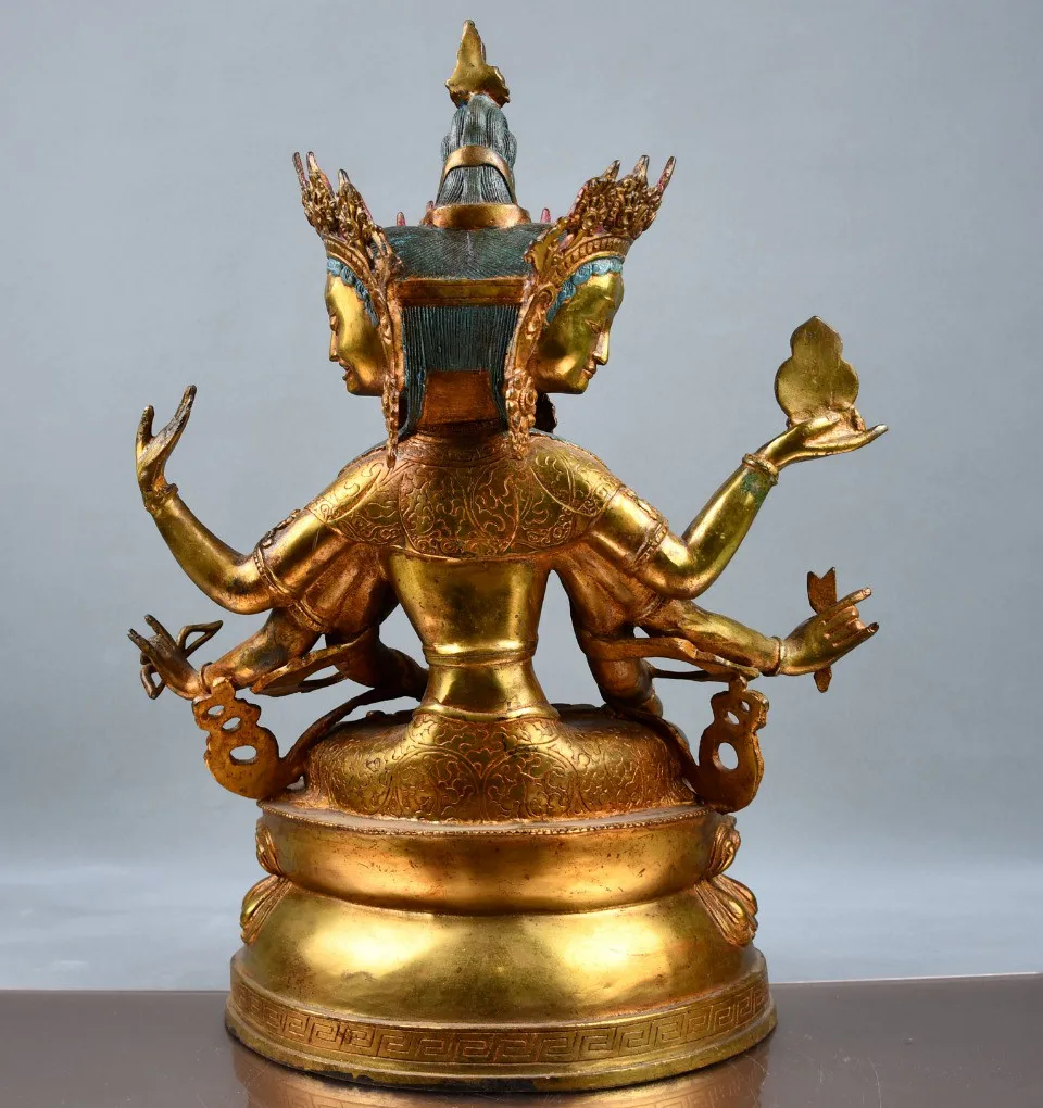 Tibetan brass gilded gold painted face, Zunsheng Buddha, three sided eight armed Tara Guanyin statue ornament, 40cm for home and