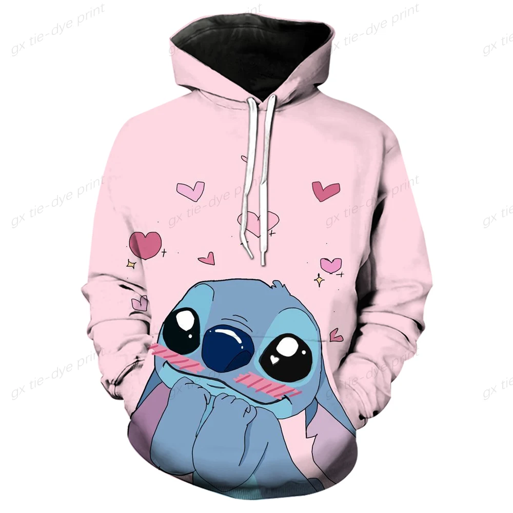 Disney-Women's Stitch Print Hoodie, Desenhos animados Anime, moletom extragrande, Loose Crewneck Hoody, Crewneck Pullover