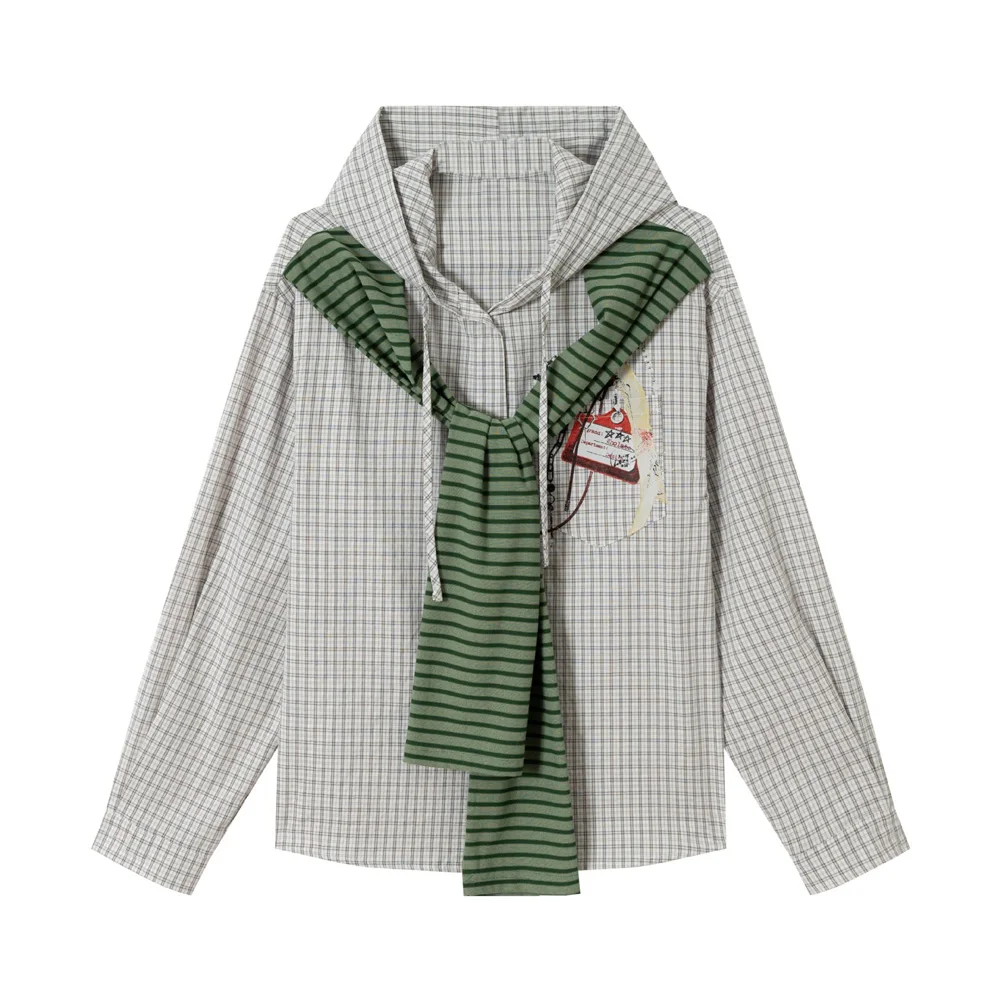 

Рубашка в полоску с вставками в клетку, унисекс, винтажная, свободная, повседневная, с длинным рукавом, с капюшоном, в стиле Cityboy