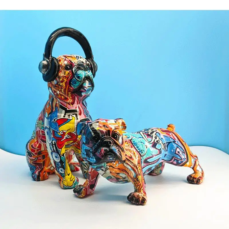 Resin color printing dog Simulation animal Abstract handicraft ornaments Doodle with headphones Children's room decoration