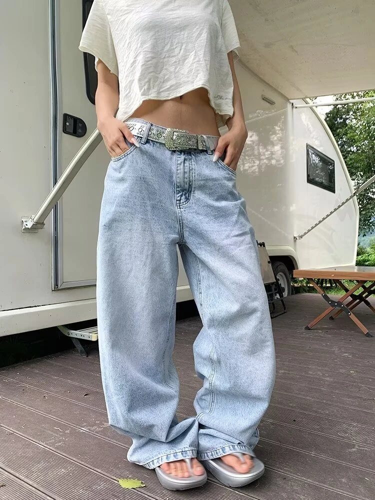 Women's Wing Print Pattern Jeans Cool Girl Retro Bottoms Street Blue Casual Pants Wide Leg Sweatpants Female High Waist Pants