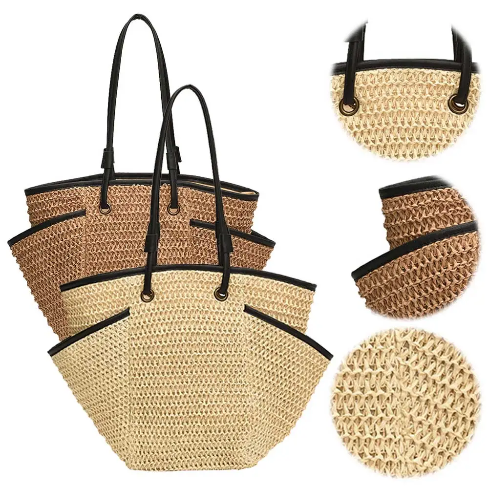 Sac fourre-tout en paille tissé pour femmes, sacs de plage d'été, sac à main tissé de grande capacité, multi-poches pour les voyages et le shopping, mode