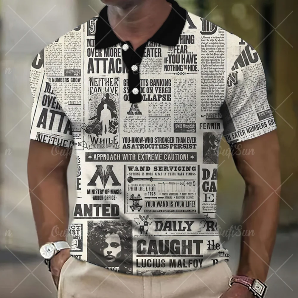 Vintage Men\'S Polo Shirt 3d Newspaper Print High-Quality Men Clothing Loose Oversized Shirt And Blouse Daily Casual Short Sleeve