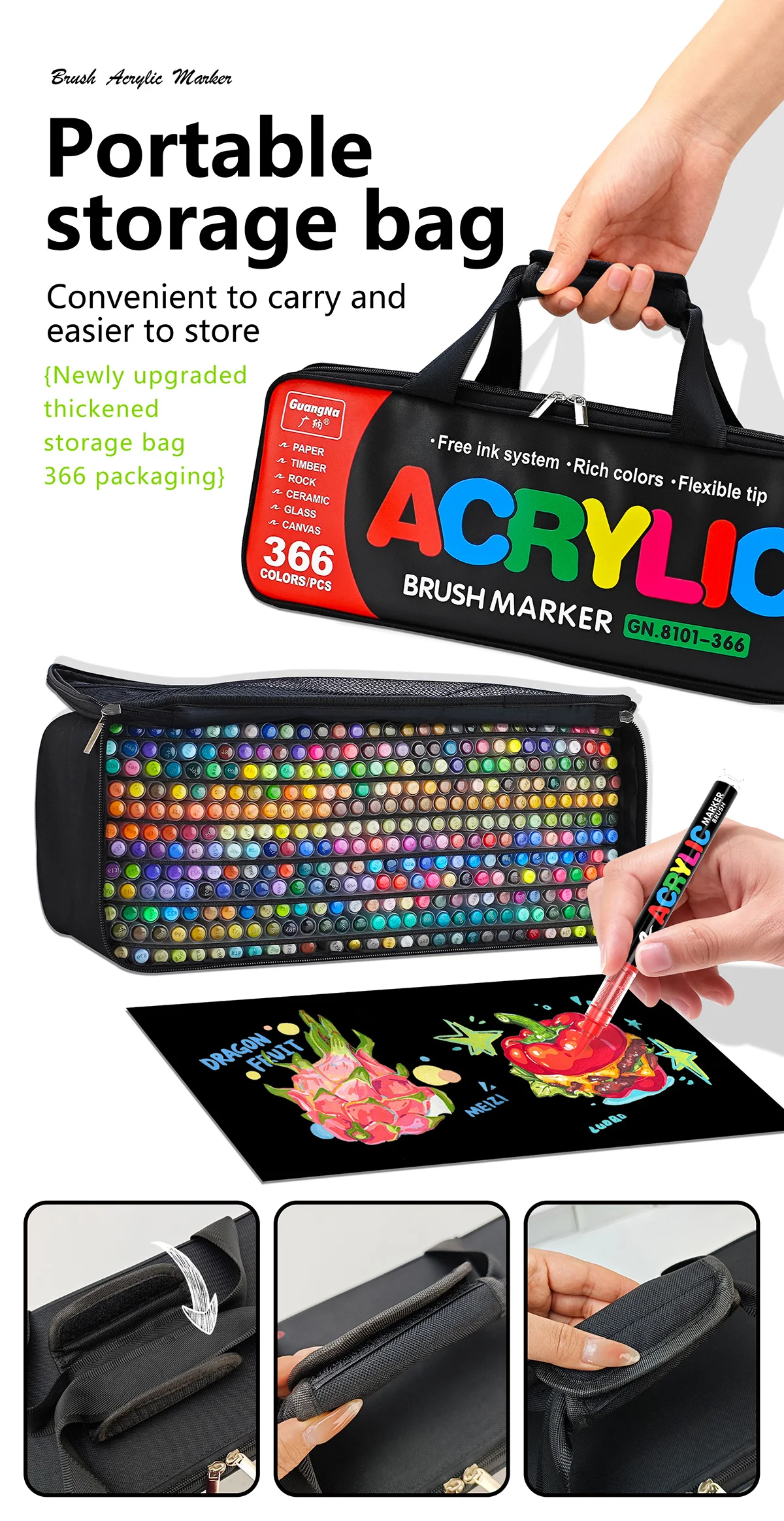 GN 366 Farben Acryl-Malstifte Marker mit Pinselspitze für Steinmalerei, Holz, Leinwand, Stein, Weihnachtsgeschenk, DIY-Bastelarbeiten – Detail 2