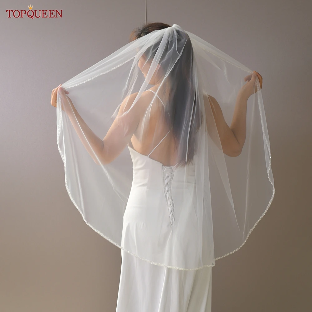 TOPCLS EEN-Fil doux à bord perlé fait à la main pour patients, voile monocouche, longueur du coude, blanc, ivoire, accessoires de mariage, V134