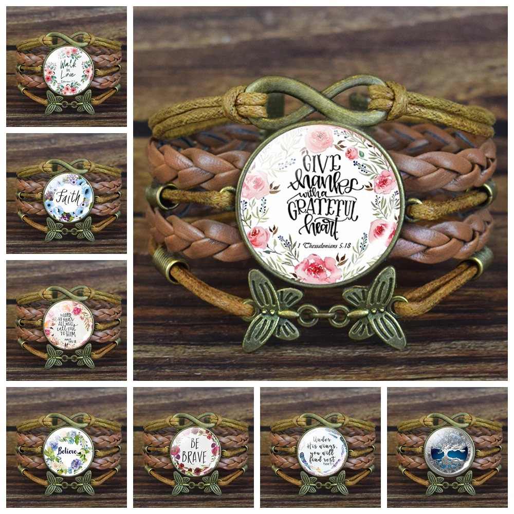 Bible Verse Bracelet Glass Cabochon Multi-Layer Leather Bracelets Religious Jewelry Jesus God Women Men Christian Church Gifts