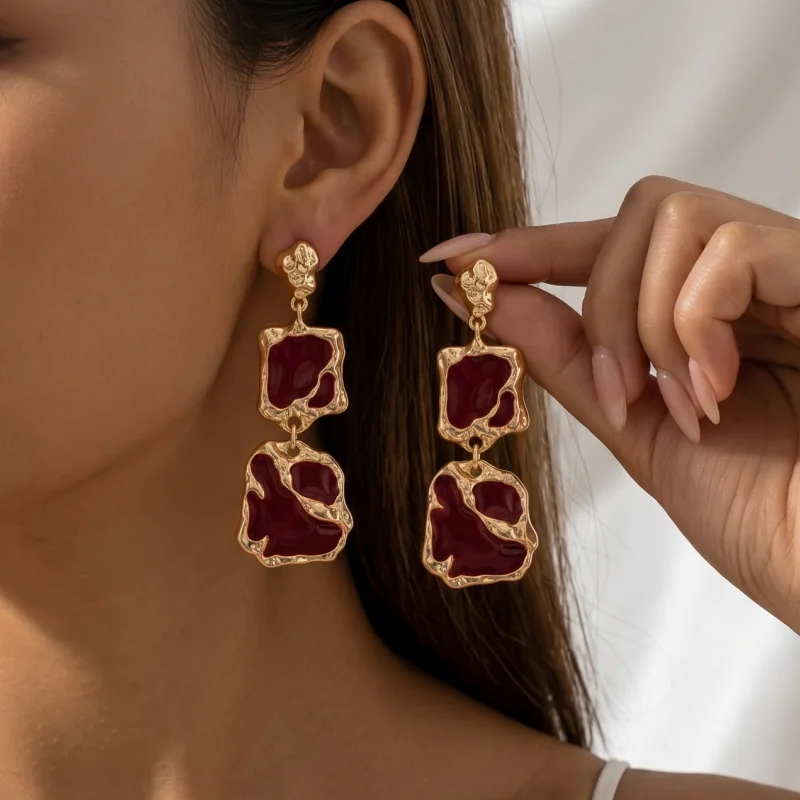 Elegant Double Layer Irregular Frame Burgundy/Brown Enamel  Earrings Gold Color Speck Jewelry For Women Wedding&Daily