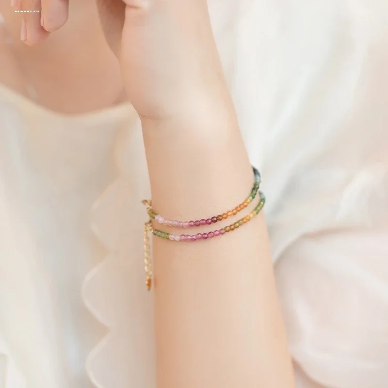 

Natural Ultra-fine Rainbow Tourmaline Bracelet Elastic Rope 14K Silver Gold-plated Extended Chain Hand String Girlfriend Gift