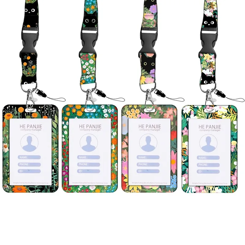 Imagem -02 - Cat Floral Badge e Reel Lanyard Conjunto para Mulheres Gato Preto Bonito Fácil Puxar Fivela Material de Escritório Estético