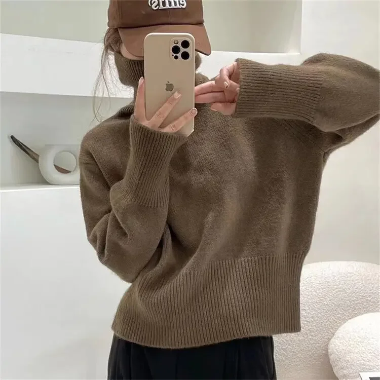 Pullovers Long Sleeve Turtleneck Solid Women Clothing Sweaters Knitted Jumpers High Street Loose 2024 Summer Slight Strech