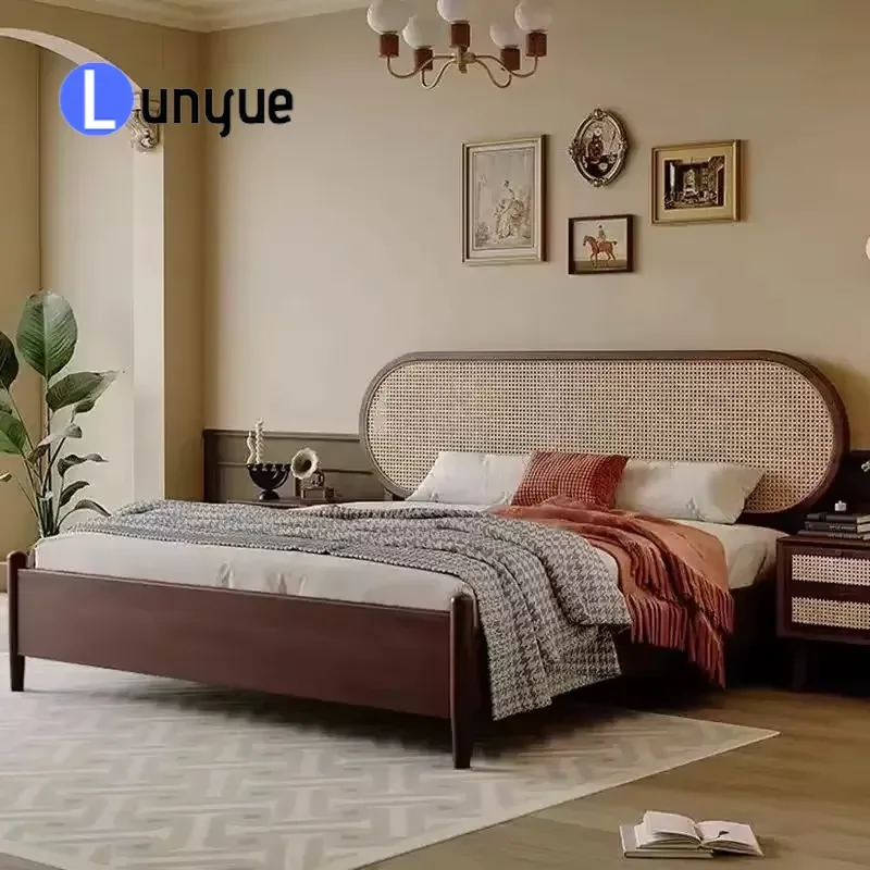 Nordic Solid Wood Rattan Bed Retro Style Double Bed Modern Minimalist Design Sturdy Frame Comfortable Sleeping Furniture for