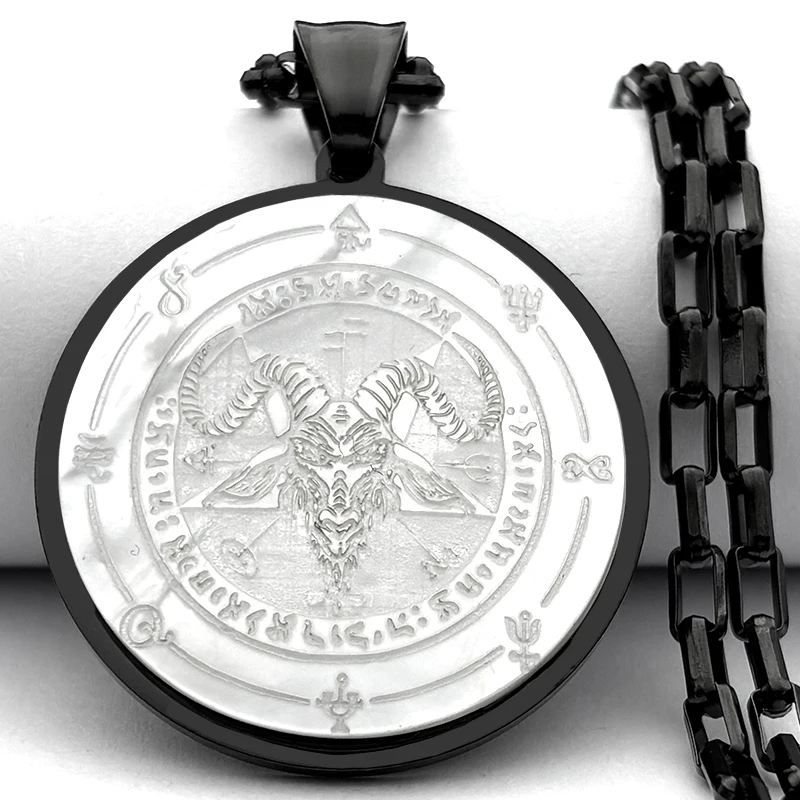 Hexerei Goth Baphomet die sabbatische Ziege Satan Pentagramm Halsketten für Frauen Männer Edelstahl hebräische Muschel Anhänger Schmuck – Detail 6