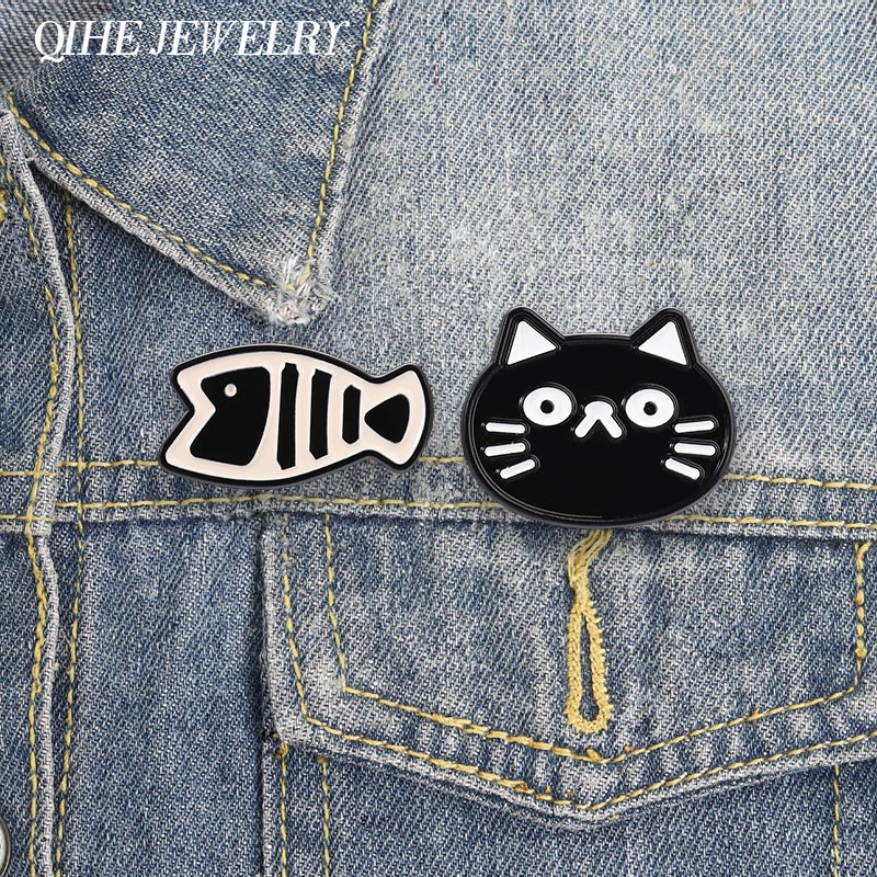 Cartoon Playful Cat and Fish Enamel Pin Chic Art Kitten & Fishbone Brooch Lapel Badge Bags Pin Jewelry Gift for Couples Friends