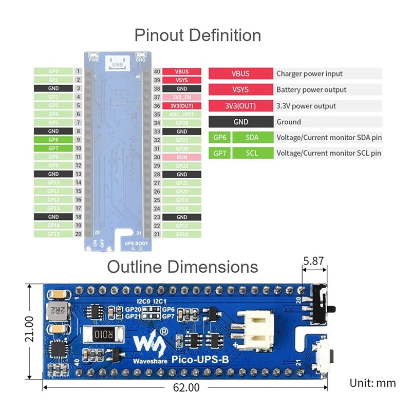 2X Waveshare UPS Module B For Raspberry Pi Pico Board, Uninterruptible Power Supply Monitoring Battery Via I2C Bus