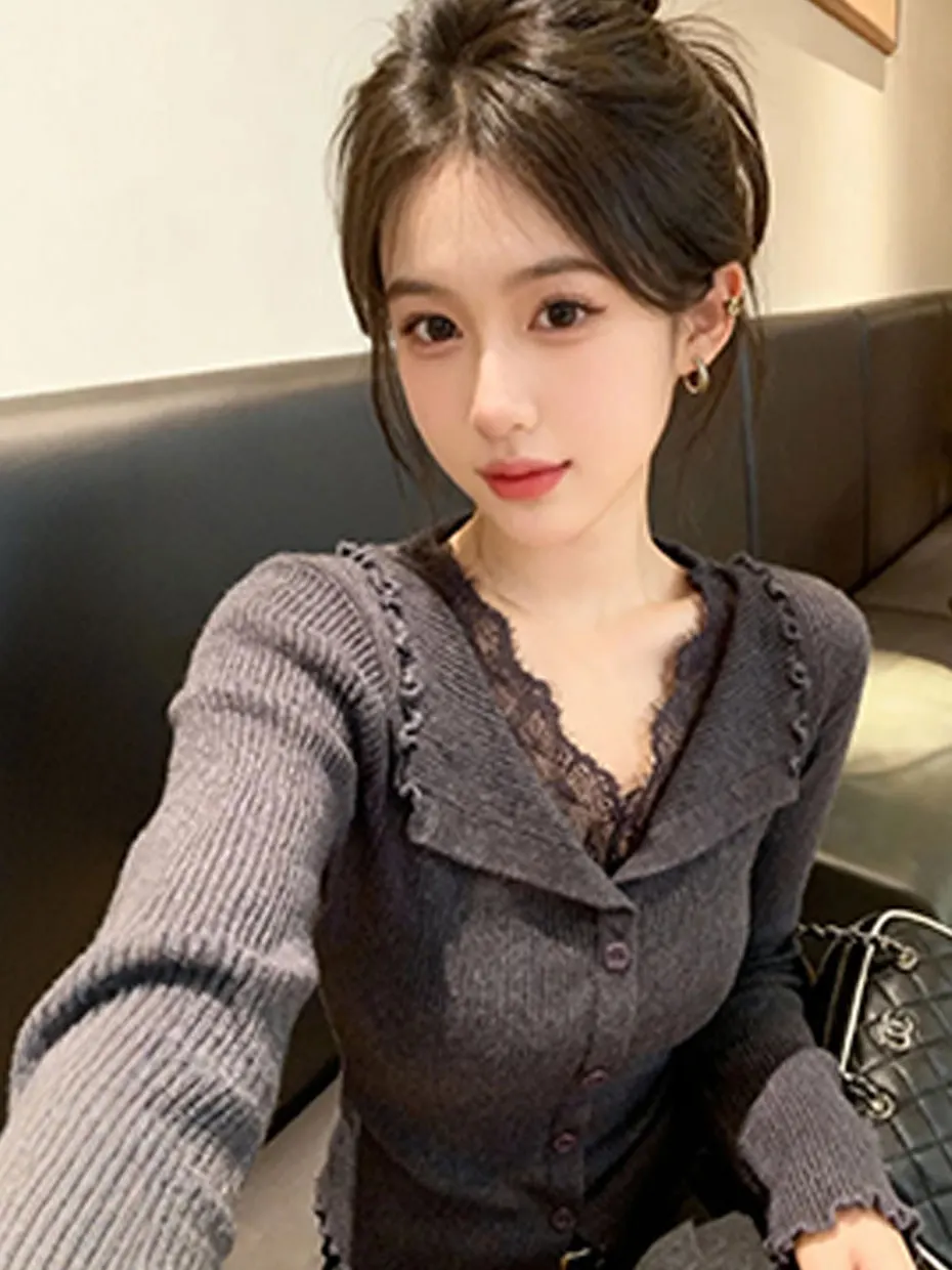 

Black Lace Trim Knitted Top Women's Fashionable Base Layer T-Shirt Unique Autumn Winter V-Neck Long Sleeve Polyester Fiber